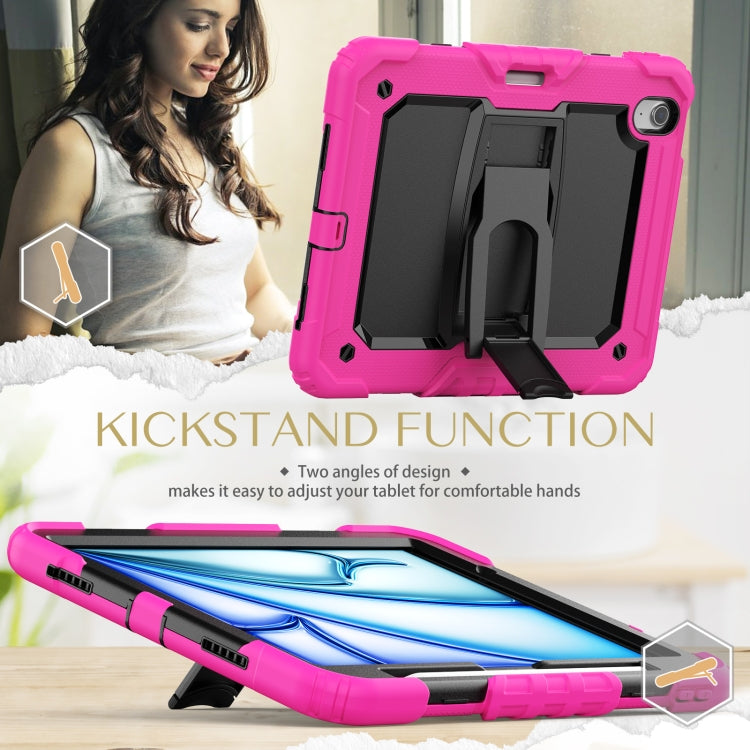 For iPad Air 11 2024 Silicone Hydric PC Tablet Case with Shoulder Strap & Holder(Rose Red)
