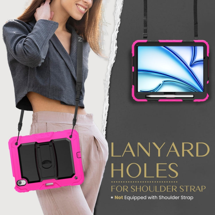 For iPad Air 11 2024 Silicone Hydric PC Tablet Case with Shoulder Strap & Holder(Rose Red)
