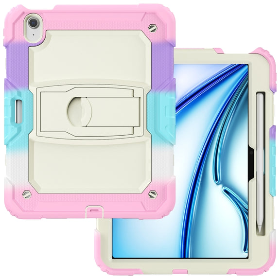 For iPad Air 11 2025 / 2024 Silicone Hydric PC Tablet Case with Shoulder Strap & Holder(Camouflage Pink)