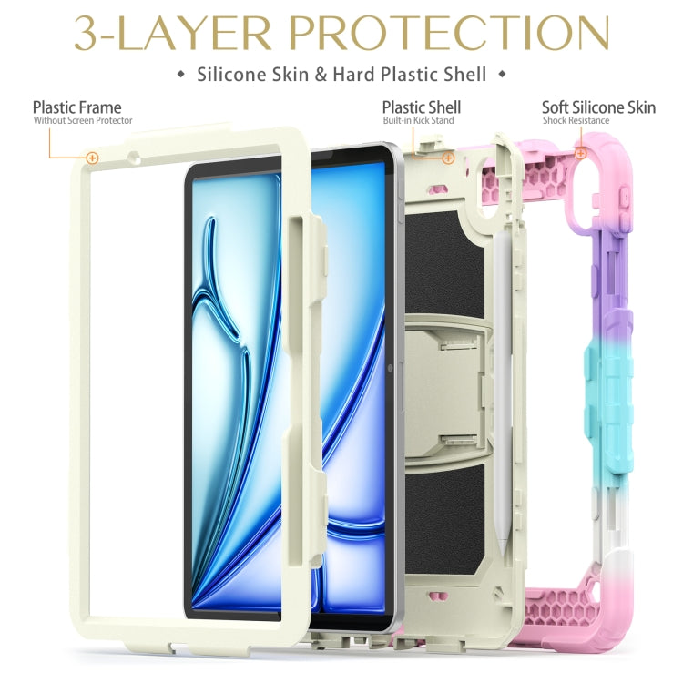 For iPad Air 11 2025 / 2024 Silicone Hydric PC Tablet Case with Shoulder Strap & Holder(Camouflage Pink)