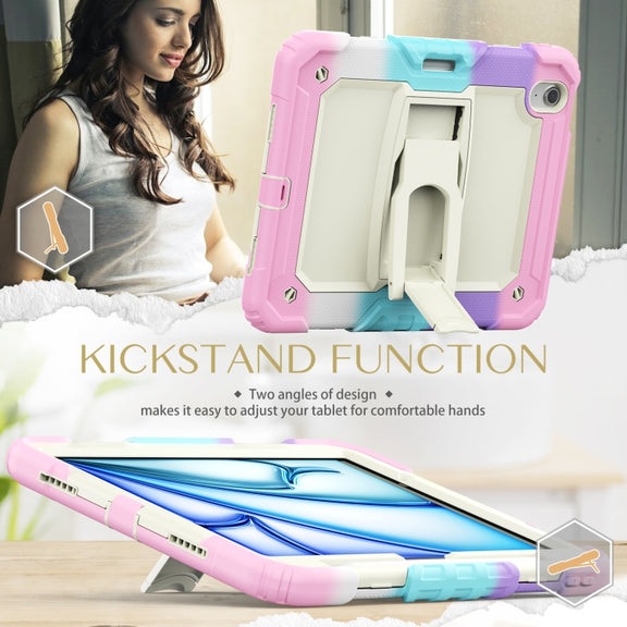 For iPad Air 11 2025 / 2024 Silicone Hydric PC Tablet Case with Shoulder Strap & Holder(Camouflage Pink)