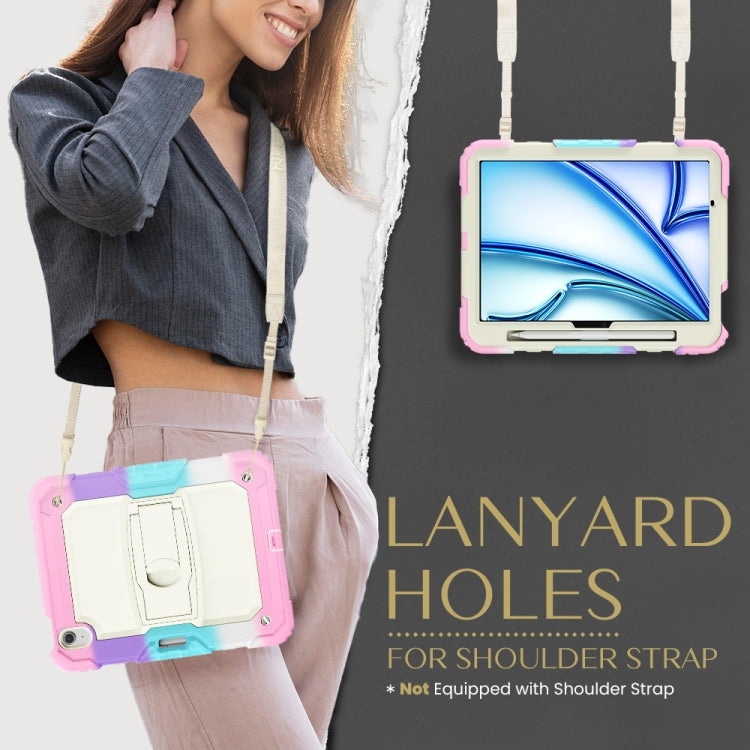 For iPad Air 11 2025 / 2024 Silicone Hydric PC Tablet Case with Shoulder Strap & Holder(Camouflage Pink)