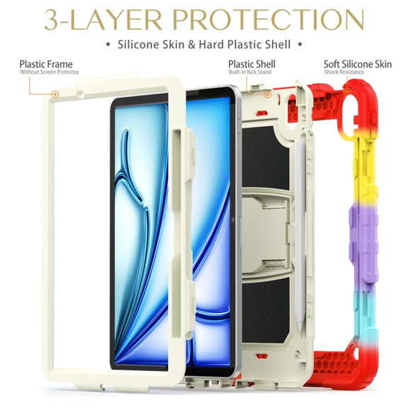 For iPad Air 11 2024 Silicone Hydric PC Tablet Case with Shoulder Strap & Holder(Camouflage Red)