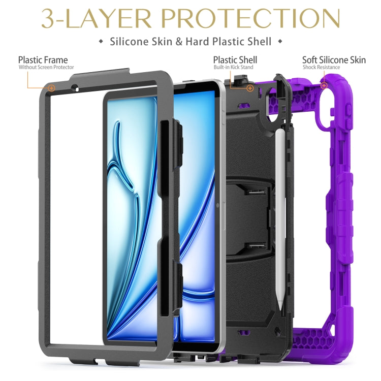 For iPad Air 11 2024 Silicone Hydric PC Tablet Case with Shoulder Strap & Holder(Purple)