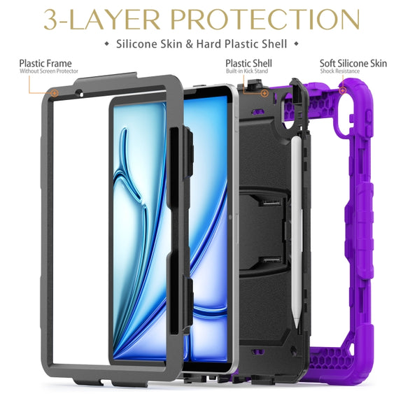 For iPad Air 11 2024 Silicone Hydric PC Tablet Case with Shoulder Strap & Holder(Purple)