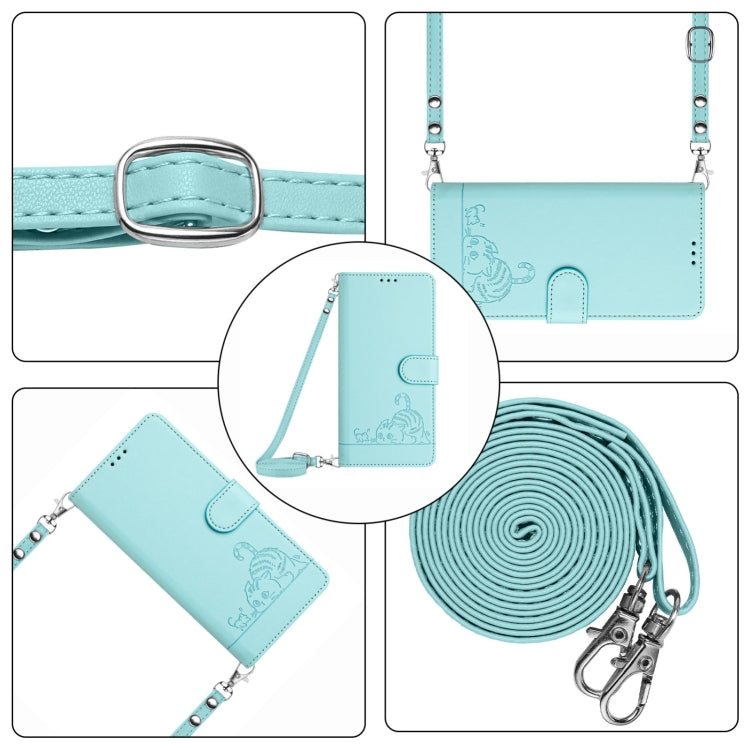 For Blackview A52 Cat Rat Embossed Pattern RFID Leather Phone Case with Lanyard(Mint Green)