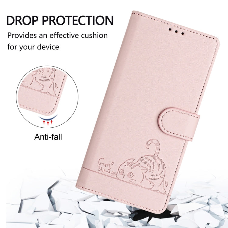 For Blackview A52 Cat Rat Embossed Pattern RFID Leather Phone Case with Lanyard(Pink)