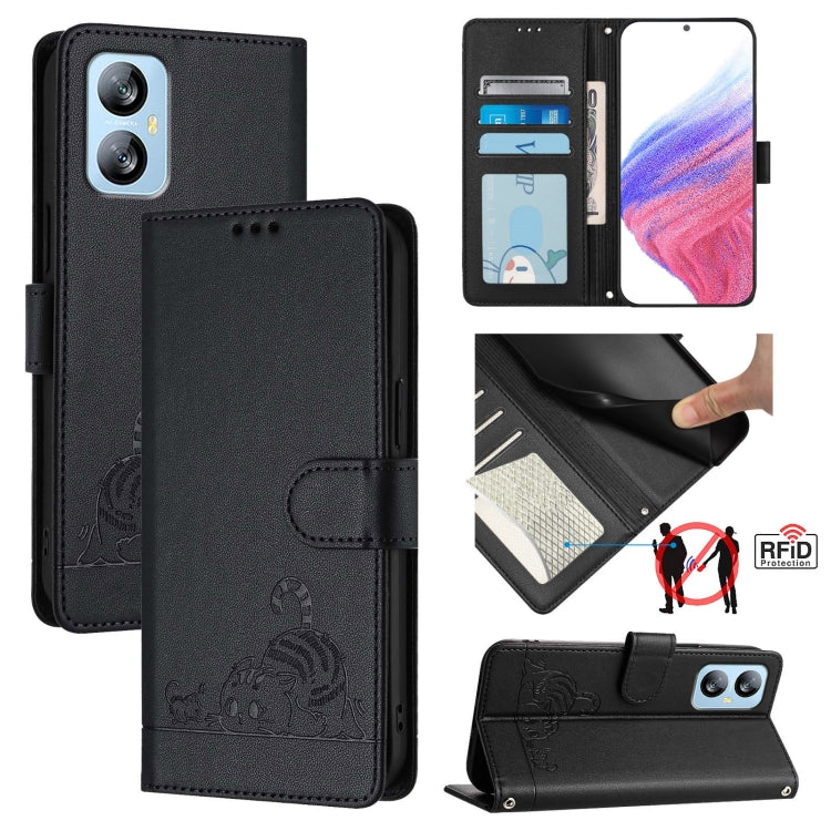 For Blackview A52 Cat Rat Embossed Pattern RFID Leather Phone Case with Lanyard(Black)