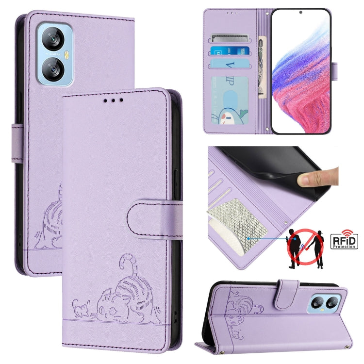 For Blackview A52 Cat Rat Embossed Pattern RFID Leather Phone Case with Lanyard(Purple)