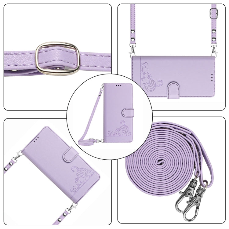 For Blackview A52 Cat Rat Embossed Pattern RFID Leather Phone Case with Lanyard(Purple)