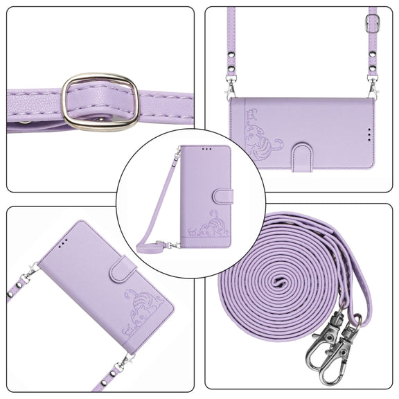 For Blackview A52 Cat Rat Embossed Pattern RFID Leather Phone Case with Lanyard(Purple)