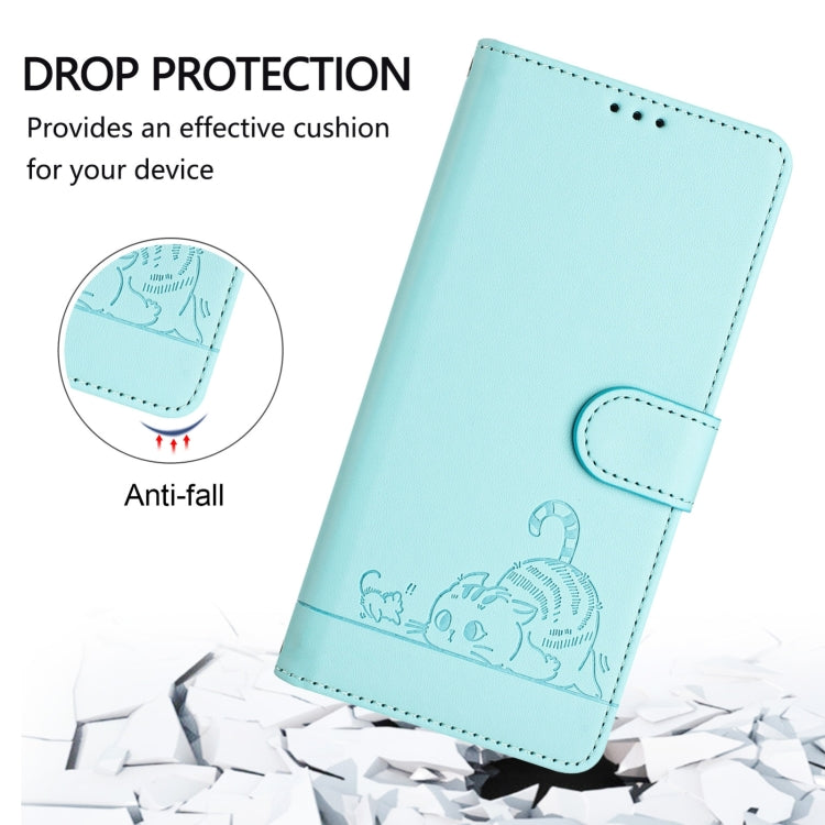 For Blackview A53 Cat Rat Embossed Pattern RFID Leather Phone Case with Lanyard(Mint Green)