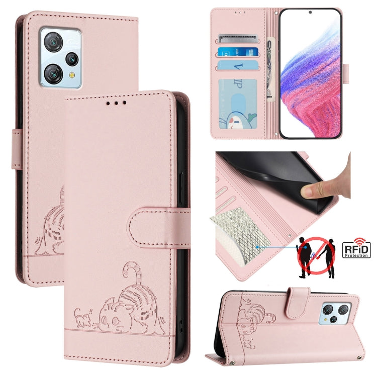 For Blackview A53 Cat Rat Embossed Pattern RFID Leather Phone Case with Lanyard(Pink)
