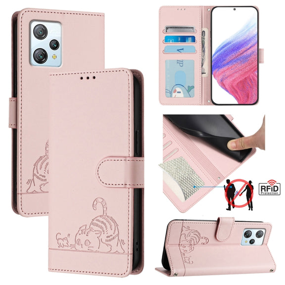 For Blackview A53 Cat Rat Embossed Pattern RFID Leather Phone Case with Lanyard(Pink)