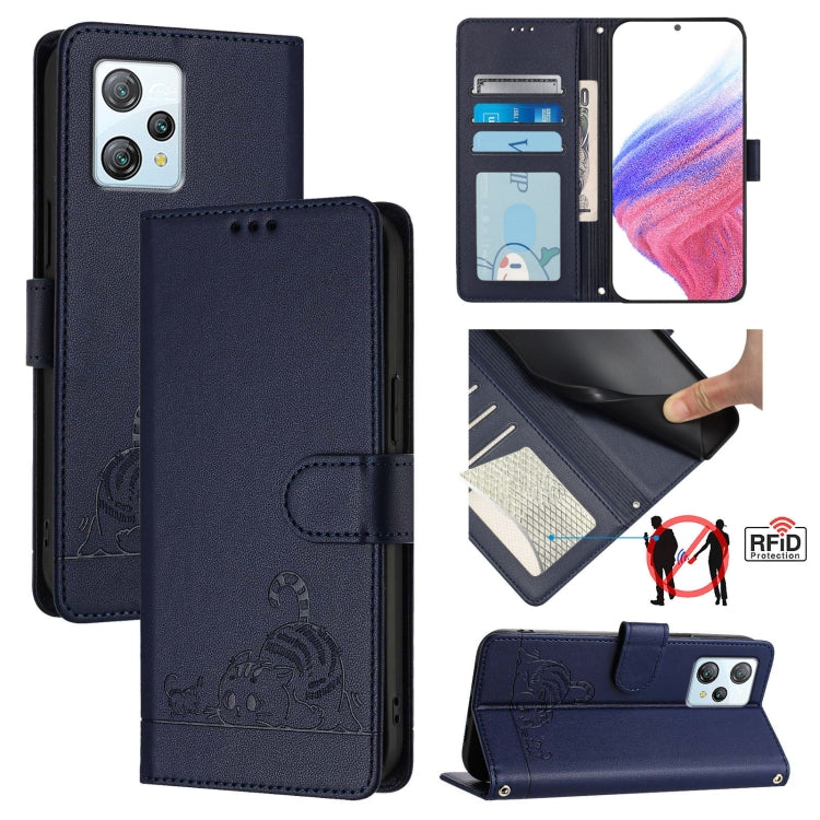 For Blackview A53 Cat Rat Embossed Pattern RFID Leather Phone Case with Lanyard(Blue)