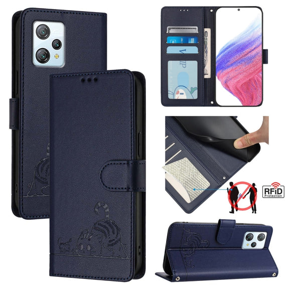 For Blackview A53 Cat Rat Embossed Pattern RFID Leather Phone Case with Lanyard(Blue)