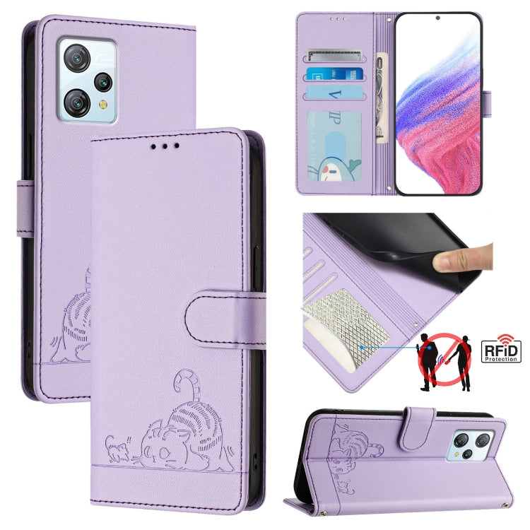 For Blackview A53 Cat Rat Embossed Pattern RFID Leather Phone Case with Lanyard(Purple)