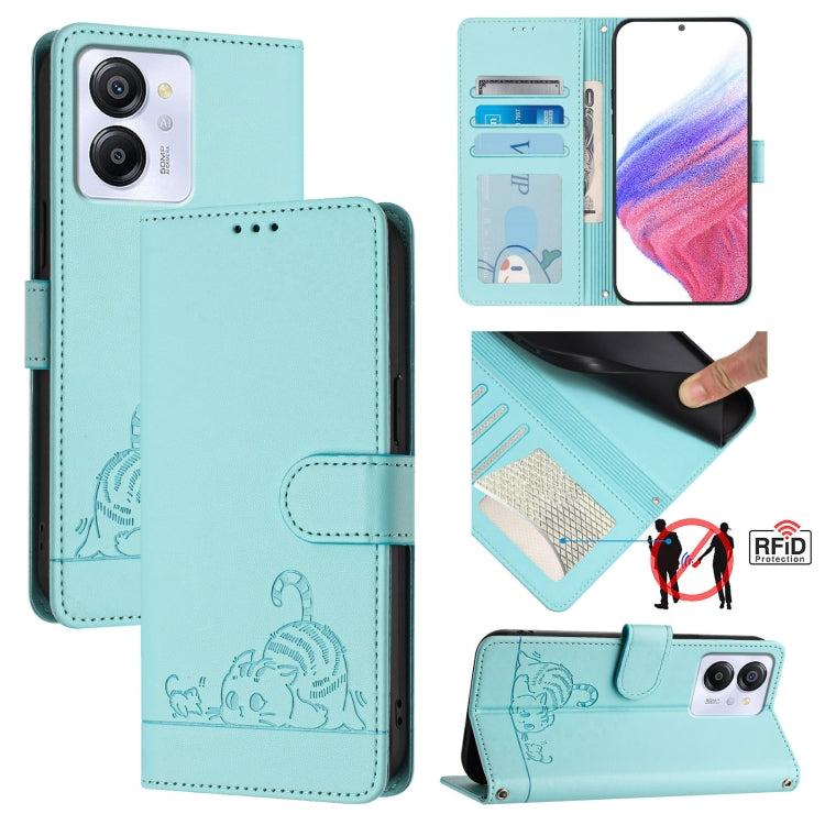 For Blackview Color 8 Cat Rat Embossed Pattern RFID Leather Phone Case with Lanyard(Mint Green)