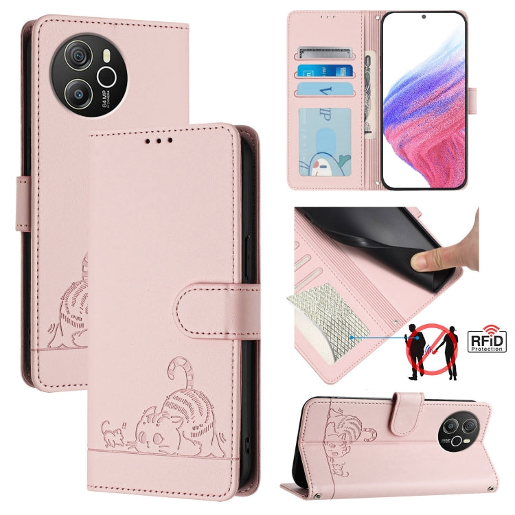 For Blackview Shark 8 Cat Rat Embossed Pattern RFID Leather Phone Case with Lanyard(Pink)