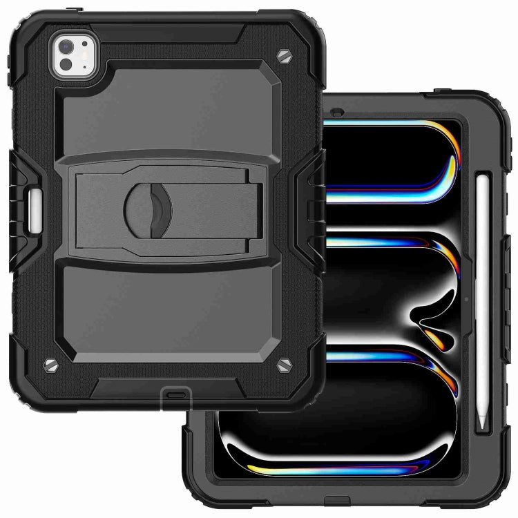 For iPad Pro 11 2024 Silicone Hydric PC Tablet Case with Shoulder Strap & Holder(Black)