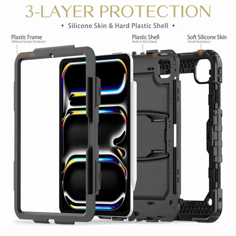For iPad Pro 11 2024 Silicone Hydric PC Tablet Case with Shoulder Strap & Holder(Black)