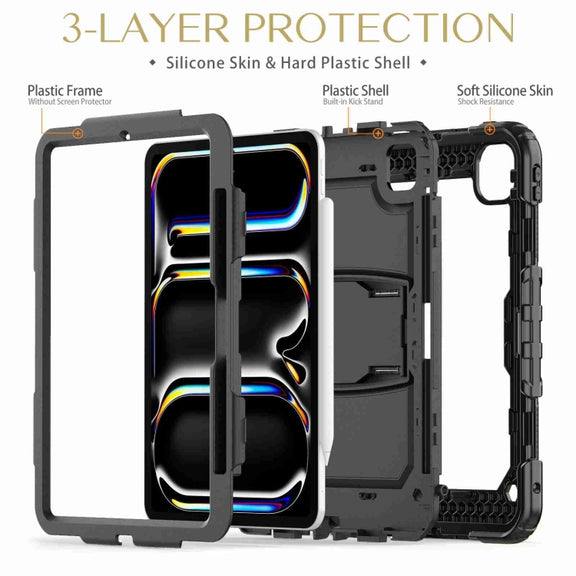 For iPad Pro 11 2024 Silicone Hydric PC Tablet Case with Shoulder Strap & Holder(Black)