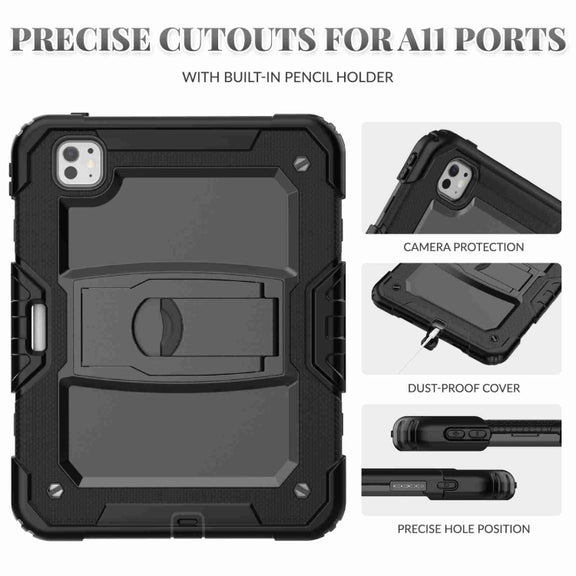 For iPad Pro 11 2024 Silicone Hydric PC Tablet Case with Shoulder Strap & Holder(Black)