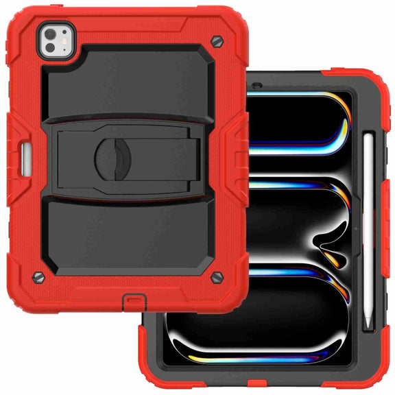 For iPad Pro 11 2024 Silicone Hydric PC Tablet Case with Shoulder Strap & Holder(Red)