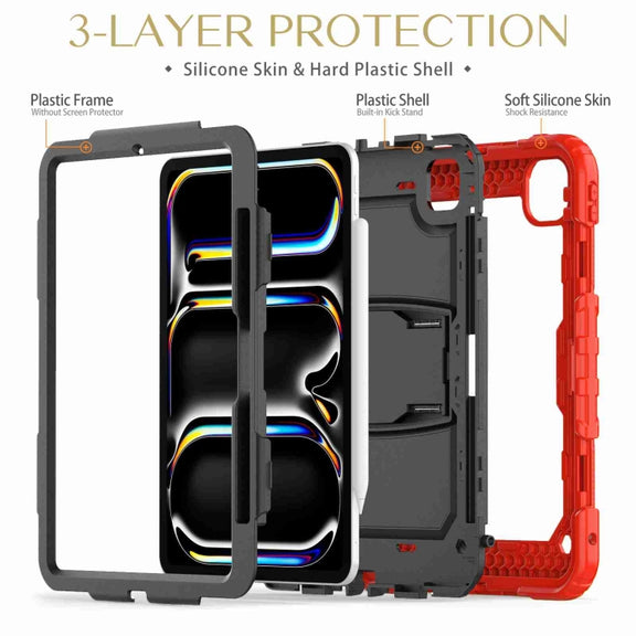 For iPad Pro 11 2024 Silicone Hydric PC Tablet Case with Shoulder Strap & Holder(Red)