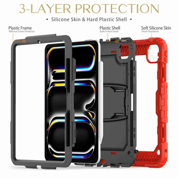 For iPad Pro 11 2024 Silicone Hydric PC Tablet Case with Shoulder Strap & Holder(Red)