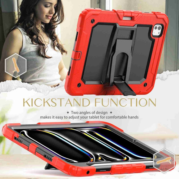 For iPad Pro 11 2024 Silicone Hydric PC Tablet Case with Shoulder Strap & Holder(Red)