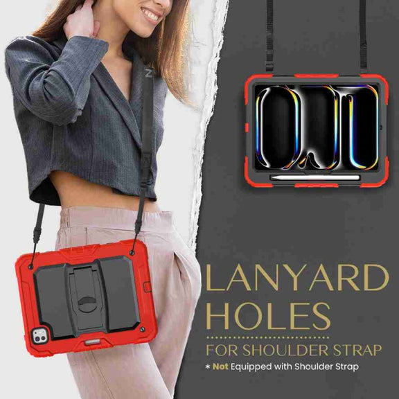 For iPad Pro 11 2024 Silicone Hydric PC Tablet Case with Shoulder Strap & Holder(Red)