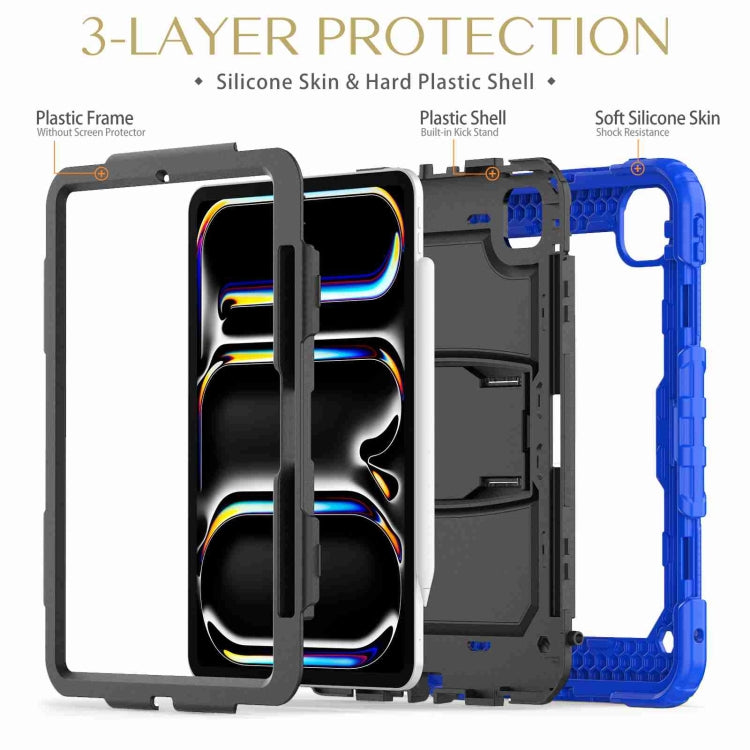 For iPad Pro 11 2024 Silicone Hydric PC Tablet Case with Shoulder Strap & Holder(Blue)