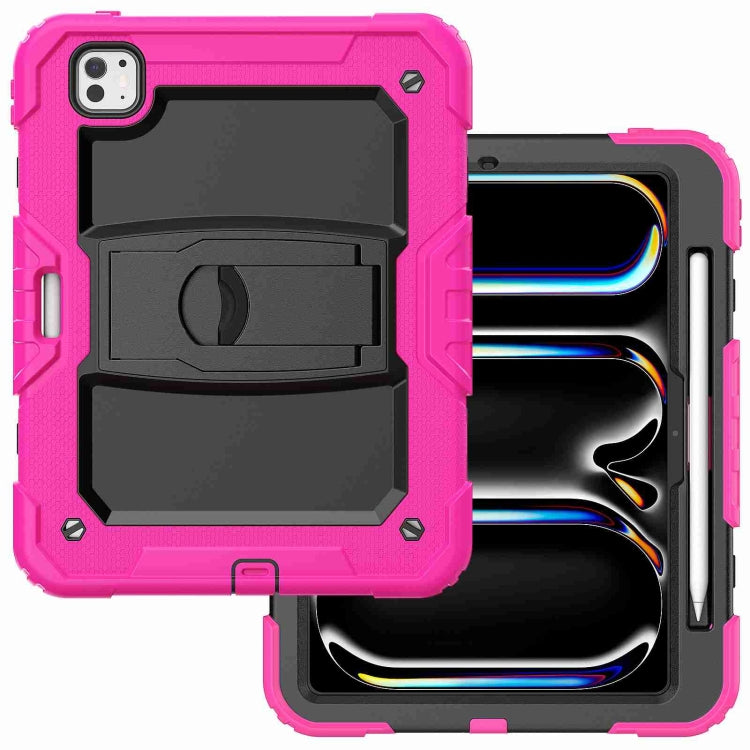 For iPad Pro 11 2024 Silicone Hydric PC Tablet Case with Shoulder Strap & Holder(Rose Red)