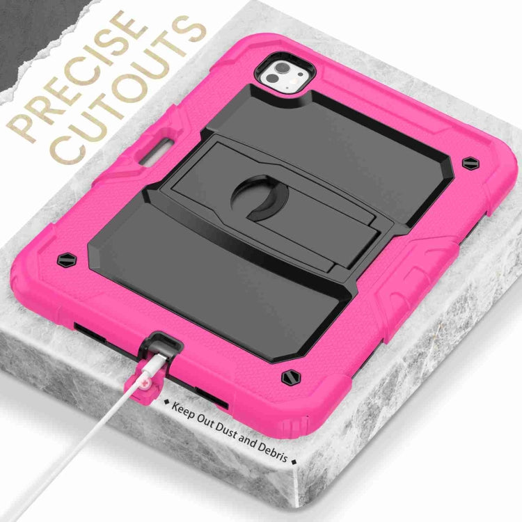 For iPad Pro 11 2024 Silicone Hydric PC Tablet Case with Shoulder Strap & Holder(Rose Red)
