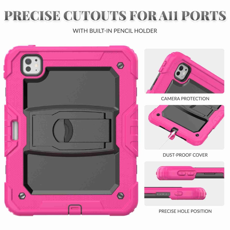 For iPad Pro 11 2024 Silicone Hydric PC Tablet Case with Shoulder Strap & Holder(Rose Red)