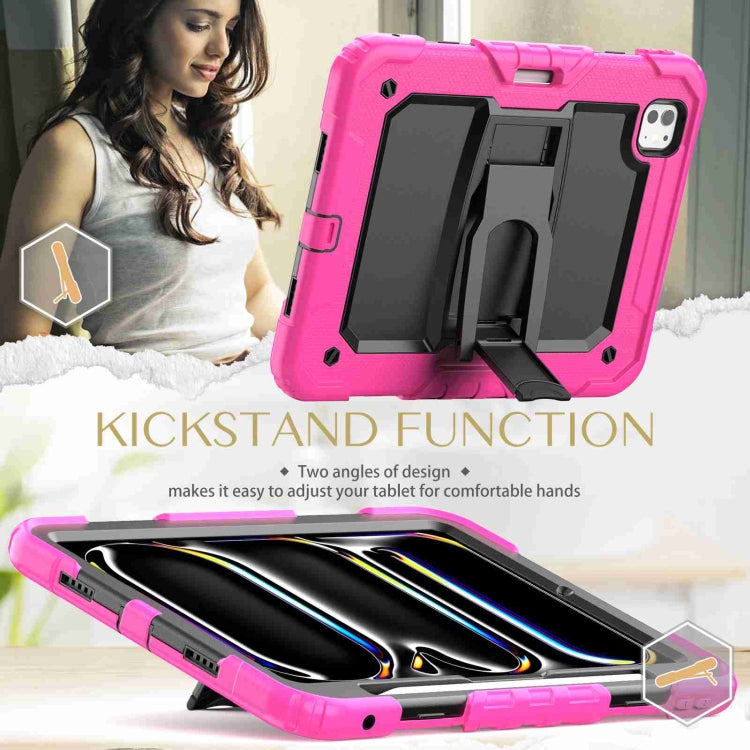 For iPad Pro 11 2024 Silicone Hydric PC Tablet Case with Shoulder Strap & Holder(Rose Red)