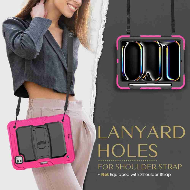 For iPad Pro 11 2024 Silicone Hydric PC Tablet Case with Shoulder Strap & Holder(Rose Red)