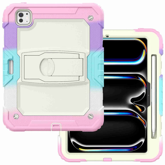 For iPad Pro 11 2024 Silicone Hydric PC Tablet Case with Shoulder Strap & Holder(Camouflage Pink)