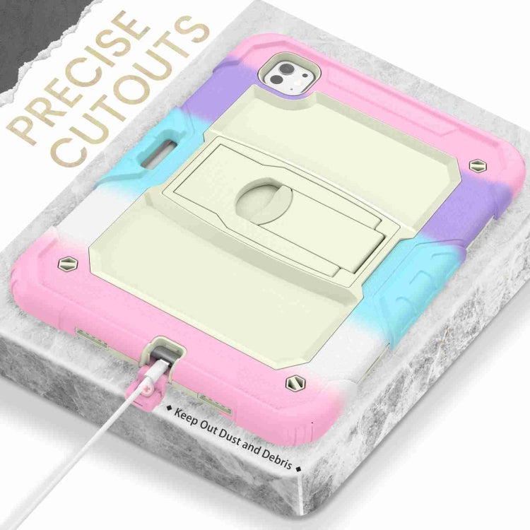 For iPad Pro 11 2024 Silicone Hydric PC Tablet Case with Shoulder Strap & Holder(Camouflage Pink)