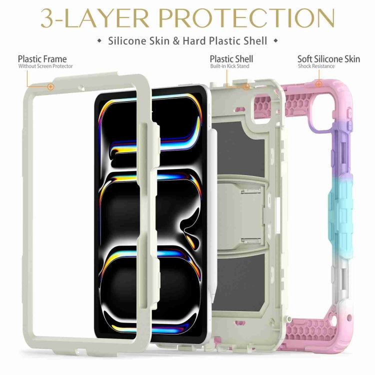 For iPad Pro 11 2024 Silicone Hydric PC Tablet Case with Shoulder Strap & Holder(Camouflage Pink)