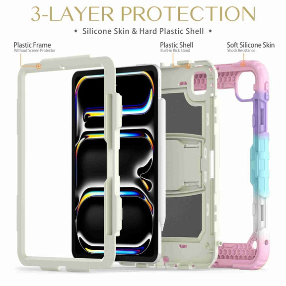 For iPad Pro 11 2024 Silicone Hydric PC Tablet Case with Shoulder Strap & Holder(Camouflage Pink)