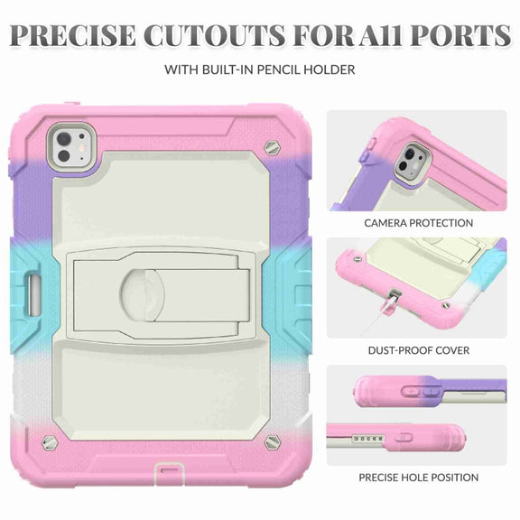 For iPad Pro 11 2024 Silicone Hydric PC Tablet Case with Shoulder Strap & Holder(Camouflage Pink)