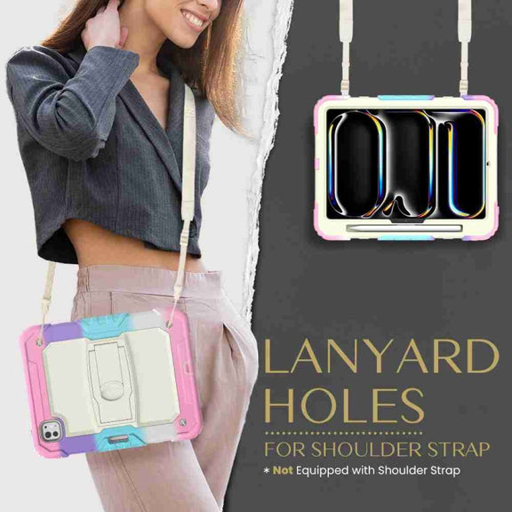 For iPad Pro 11 2024 Silicone Hydric PC Tablet Case with Shoulder Strap & Holder(Camouflage Pink)