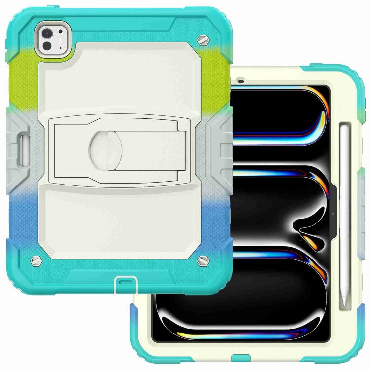 For iPad Pro 11 2024 Silicone Hydric PC Tablet Case with Shoulder Strap & Holder(Camouflage Light Blue)