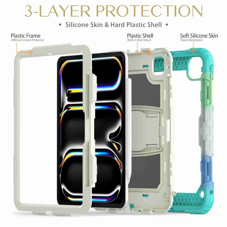For iPad Pro 11 2024 Silicone Hydric PC Tablet Case with Shoulder Strap & Holder(Camouflage Light Blue)