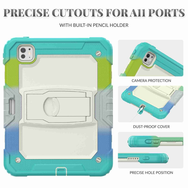 For iPad Pro 11 2024 Silicone Hydric PC Tablet Case with Shoulder Strap & Holder(Camouflage Light Blue)