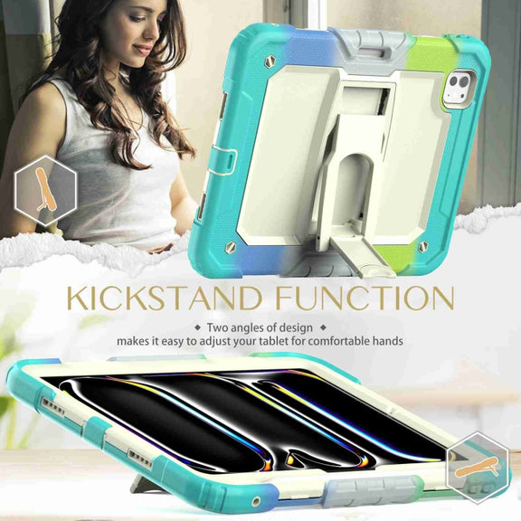 For iPad Pro 11 2024 Silicone Hydric PC Tablet Case with Shoulder Strap & Holder(Camouflage Light Blue)