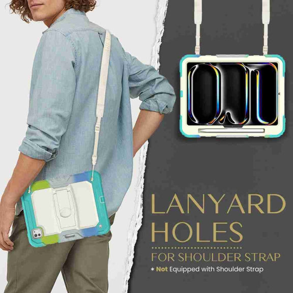 For iPad Pro 11 2024 Silicone Hydric PC Tablet Case with Shoulder Strap & Holder(Camouflage Light Blue)