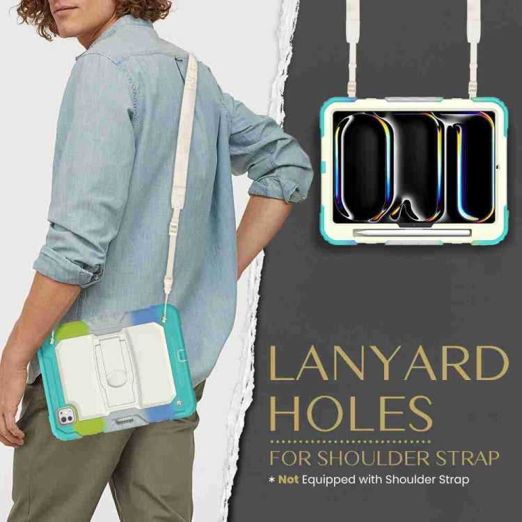 For iPad Pro 11 2024 Silicone Hydric PC Tablet Case with Shoulder Strap & Holder(Camouflage Light Blue)